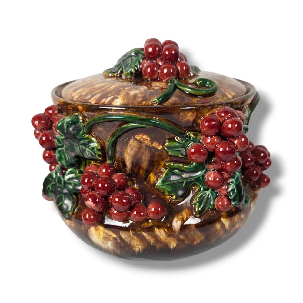 Vintage Austrian Majolica Biscuit Cookie Jar Ceramic 3D Grape Leaves Currants